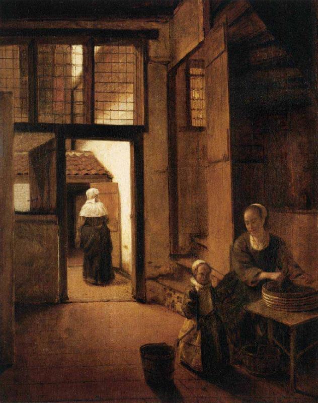 Pieter de Hooch Woman Peeling Vegetables in the Back Room of a Dutch House oil painting image
